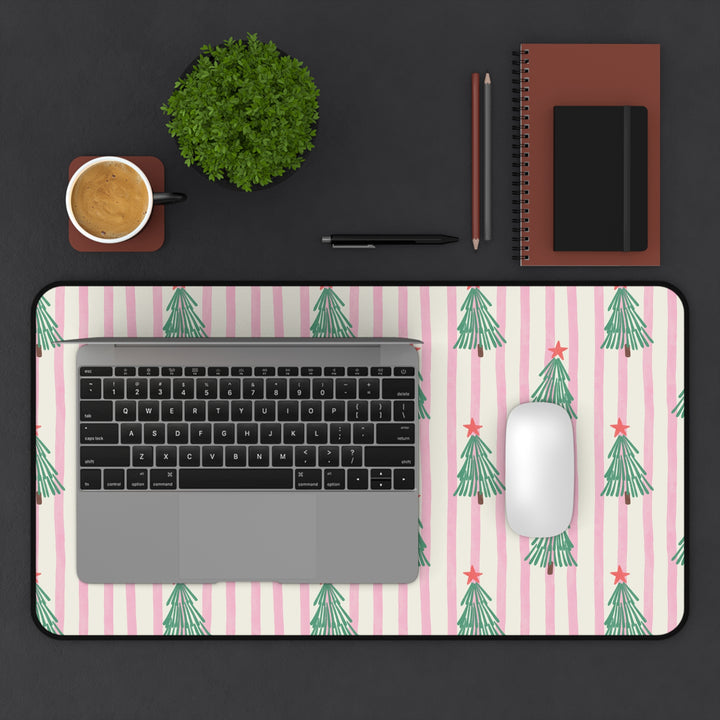 Retro Christmas Tree Desk Mat, Pink Stripe Holiday Desk Pad, Green Trees and Red Stars Office Decor