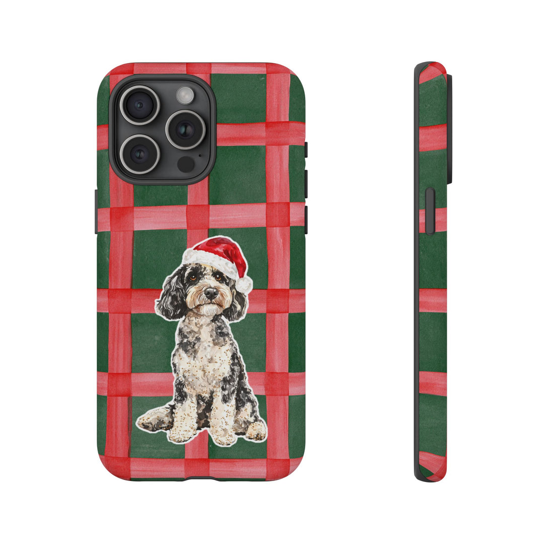 Doodle Christmas Tough iPhone Case, Red Green Plaid, Santa Dog Phone Cover