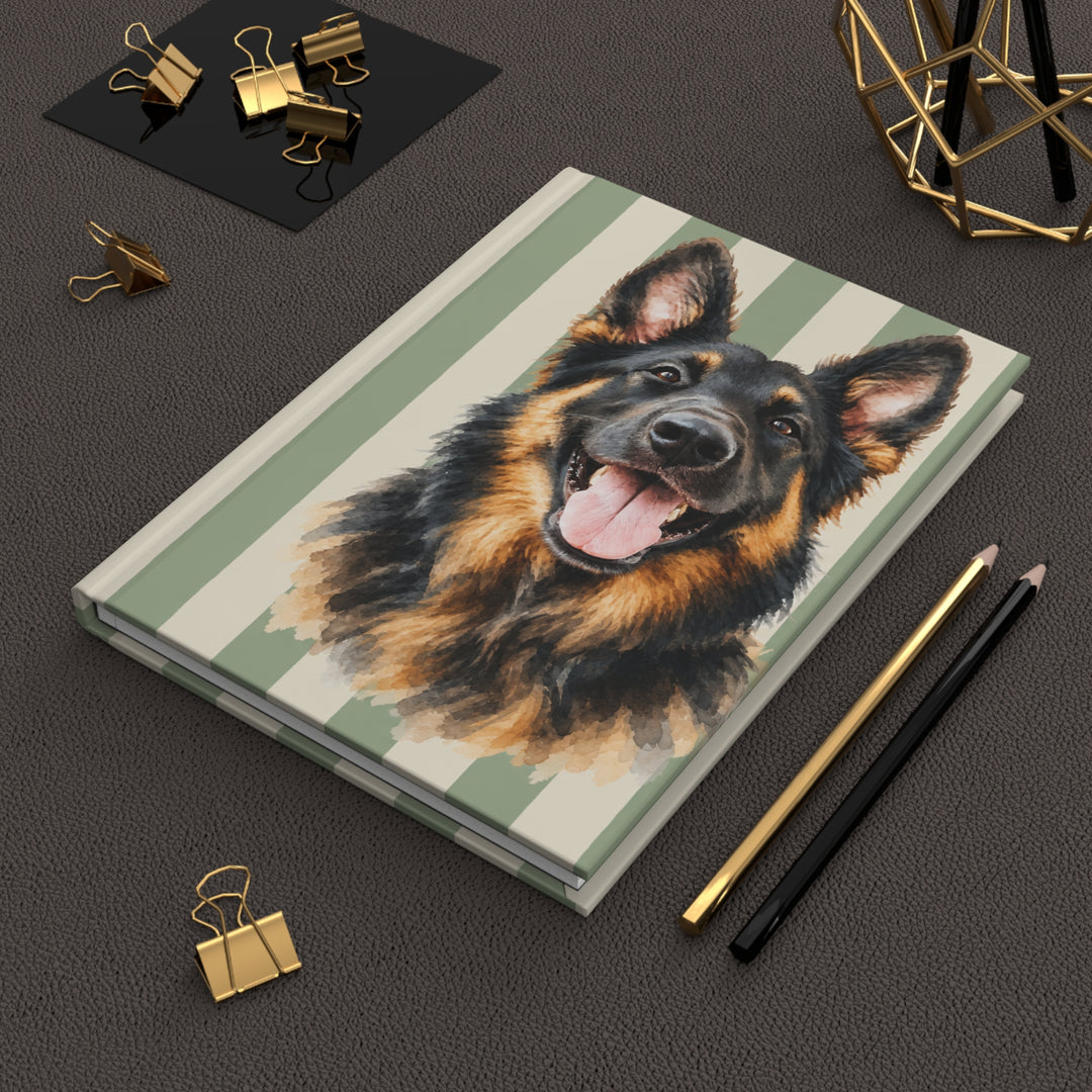 Custom Watercolor Dog Hardcover Notebook, Green and Cream Striped Pet Photo Journal