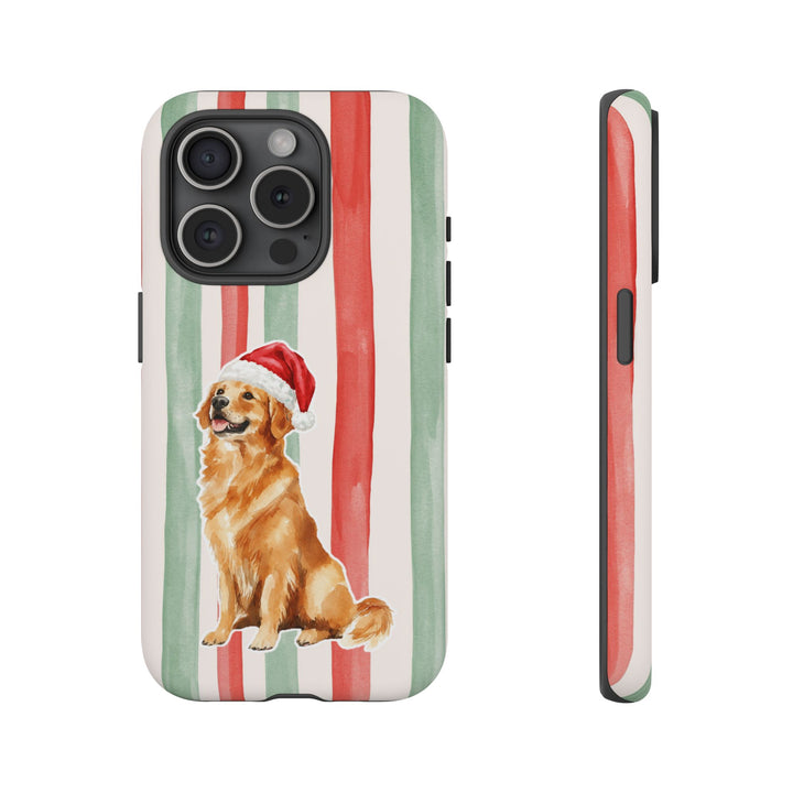 Golden Retriever Christmas Tough iPhone Case, Red Sage Stripes, Santa Dog Phone Cover
