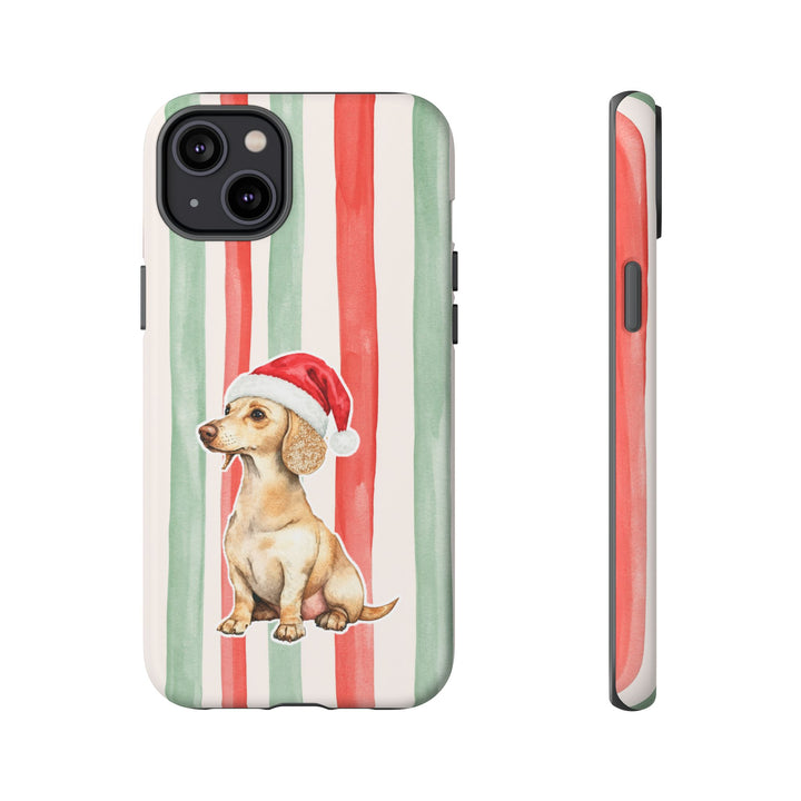 Dachshund Christmas Tough iPhone Case, Red Sage Stripes, Santa Dog Phone Cover