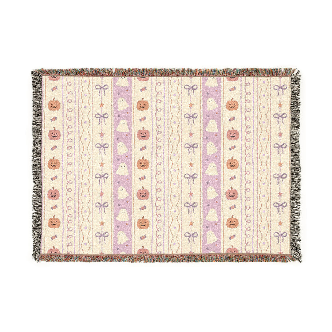 Pastel Halloween Pumpkin Ghost Woven Blanket, Pink Candy Bow Stripe Cotton Throw, Cute Spooky Home Decor