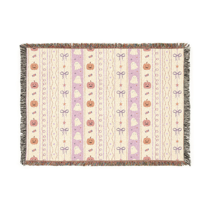 Pastel Halloween Pumpkin Ghost Woven Blanket, Pink Candy Bow Stripe Cotton Throw, Cute Spooky Home Decor