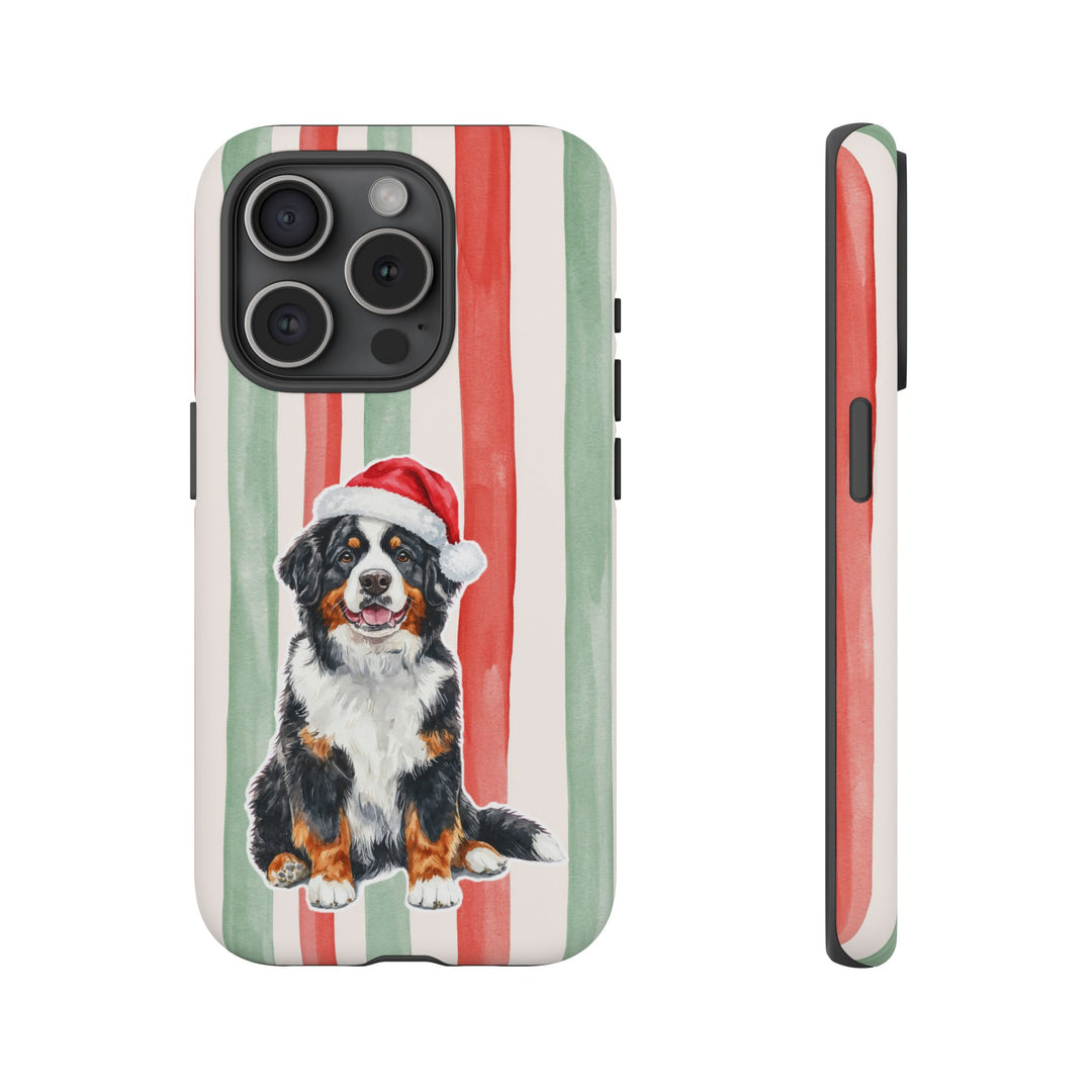 Bernese Mountain Dog Christmas Tough iPhone Case, Red Sage Stripes, Santa Dog Phone Cover