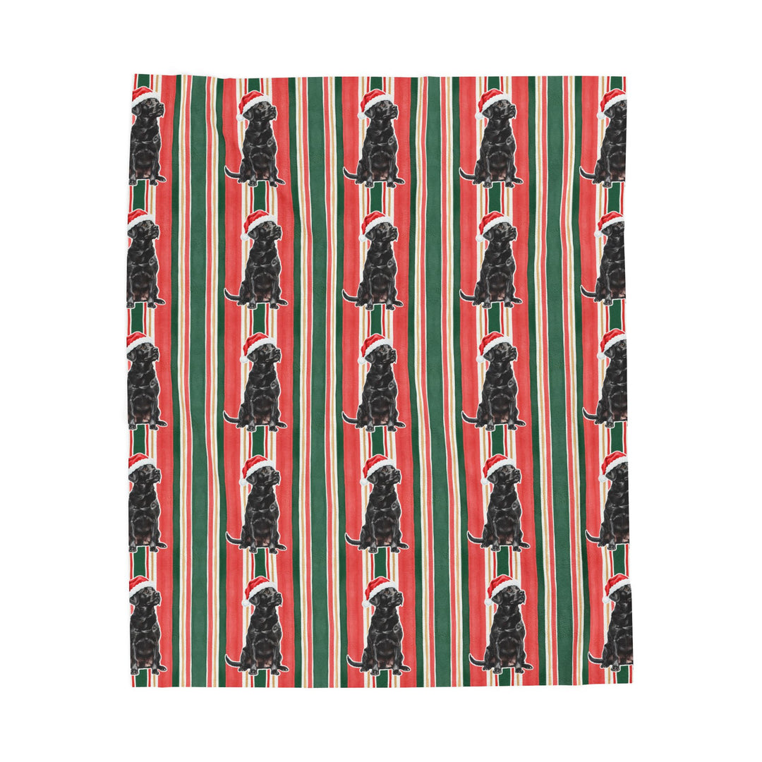 Black Labrador Christmas Velveteen Plush Blanket, Classic Red Green Stripes, Santa Dog Throw