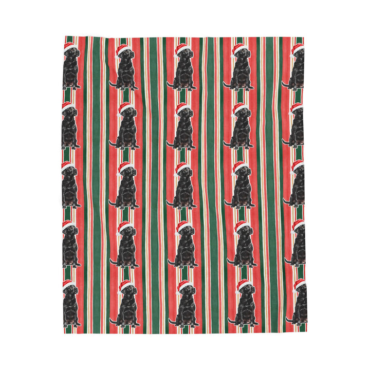 Black Labrador Christmas Velveteen Plush Blanket, Classic Red Green Stripes, Santa Dog Throw