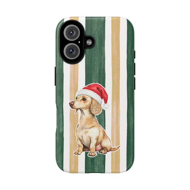 Dachshund Christmas Tough iPhone Case, Green Gold Stripes, Santa Dog Phone Cover
