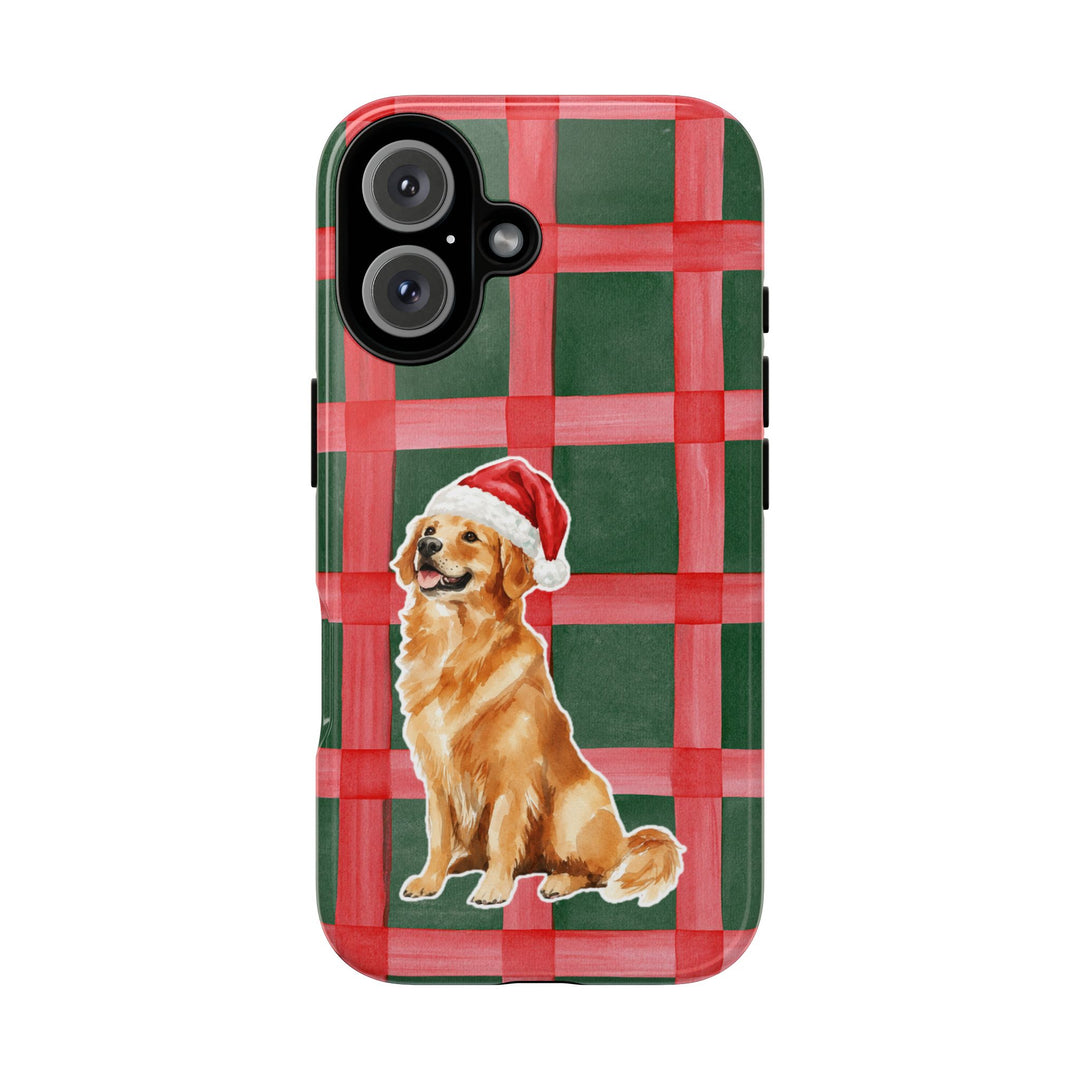 Golden Retriever Christmas Tough iPhone Case, Red Green Plaid, Santa Dog Phone Cover