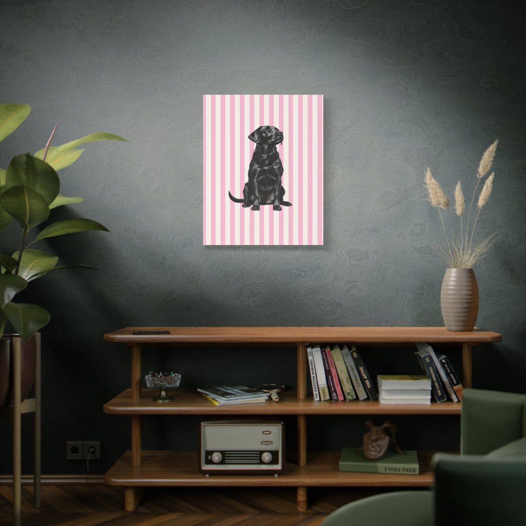 Black Lab Canvas Wall Art, Pink Stripe Labrador Stretched Canvas, Lab Mom Gift