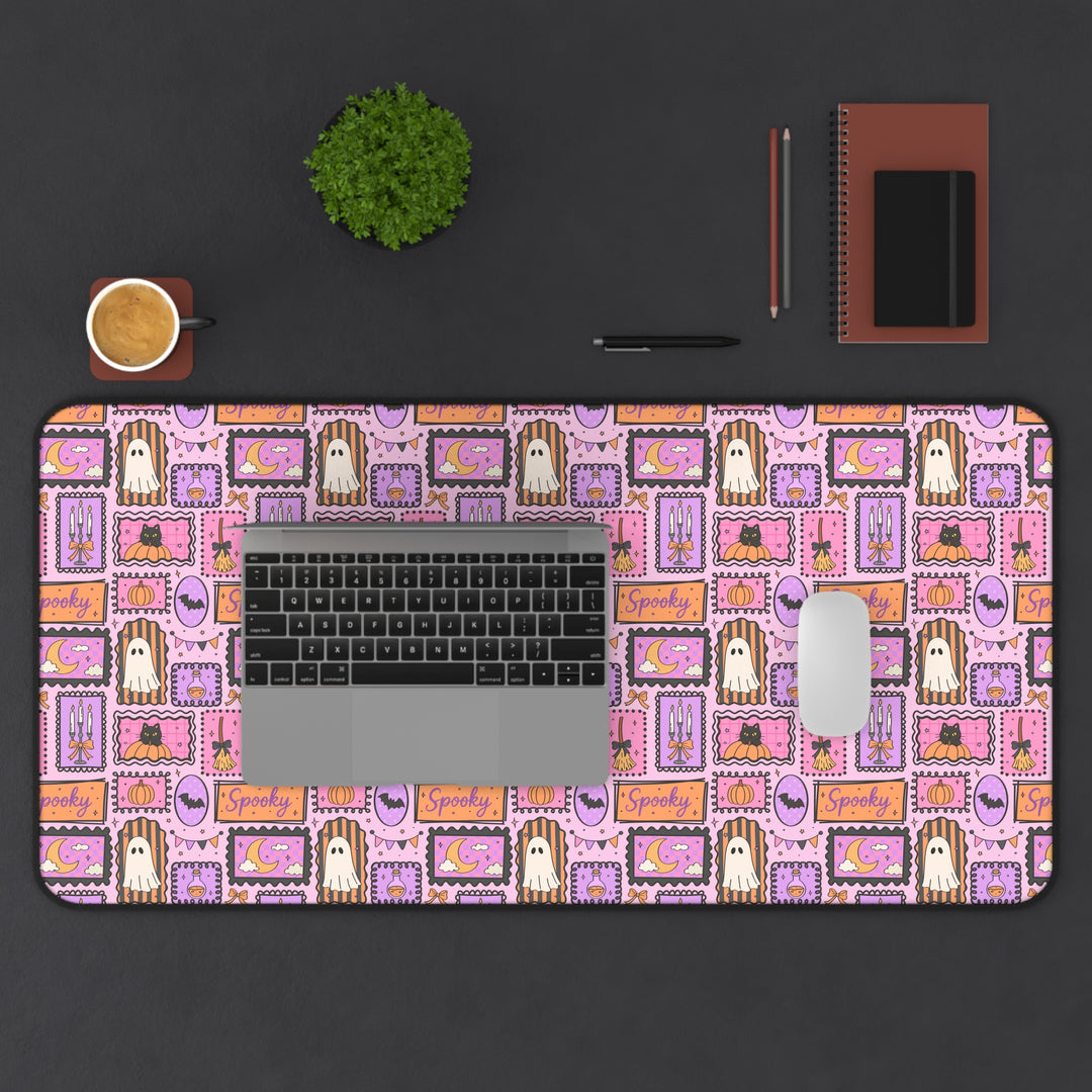 Pink Halloween Frames Desk Mat, Spooky Ghost Black Cat and Pumpkin Desk Pad, Pastel Witchy Large Mouse Pad