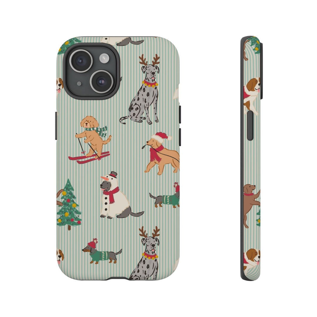 Christmas Dogs Tough iPhone Case, Green Stripe Holiday Dog Phone Cover, Matte or Glossy
