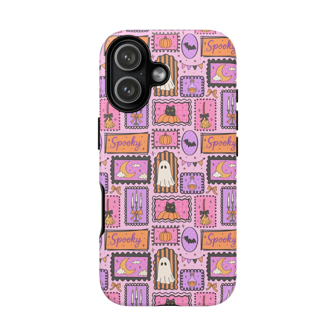 Pink Spooky Frames Tough iPhone Case, Halloween Ghost Black Cat Pumpkin Phone Cover, Matte or Glossy