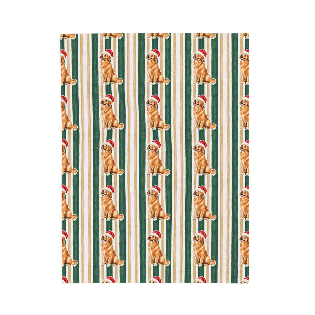 Golden Retriever Christmas Velveteen Plush Blanket, Green Gold Stripes, Santa Dog Throw