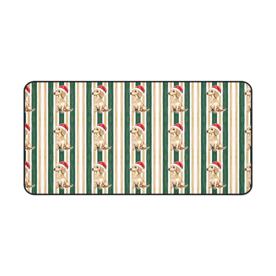 Dachshund Christmas Desk Mat, Green Gold Stripes, Santa Dog Desk Pad