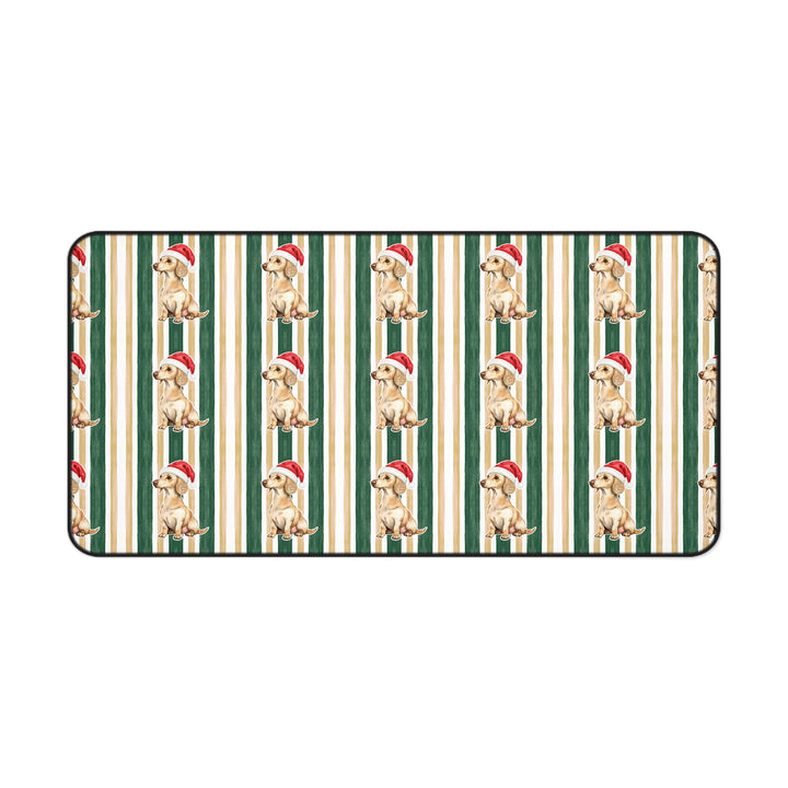 Dachshund Christmas Desk Mat, Green Gold Stripes, Santa Dog Desk Pad
