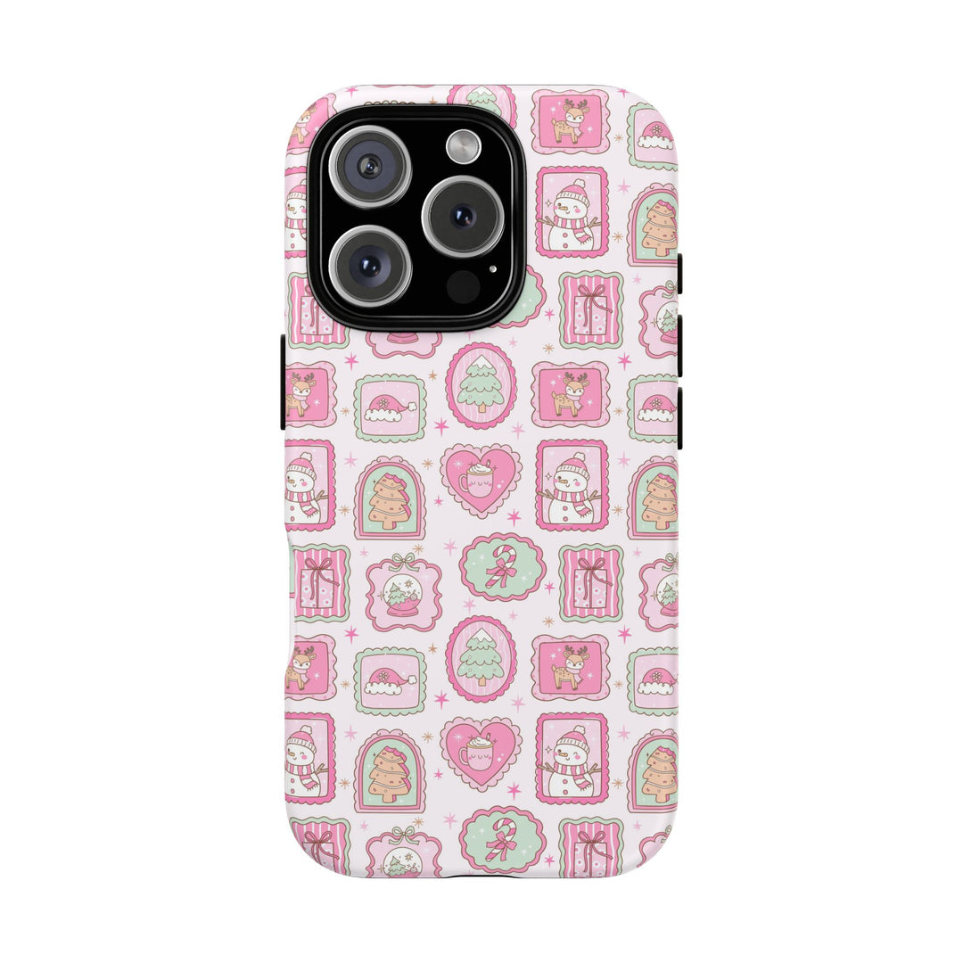 Pink Christmas Frames Tough iPhone Case, Pastel Snowman Reindeer Holiday Phone Cover, Matte or Glossy