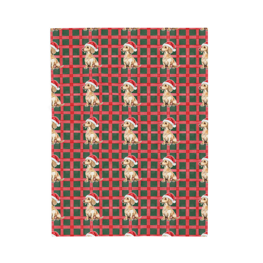Dachshund Christmas Velveteen Plush Blanket, Red Green Plaid, Santa Dog Throw