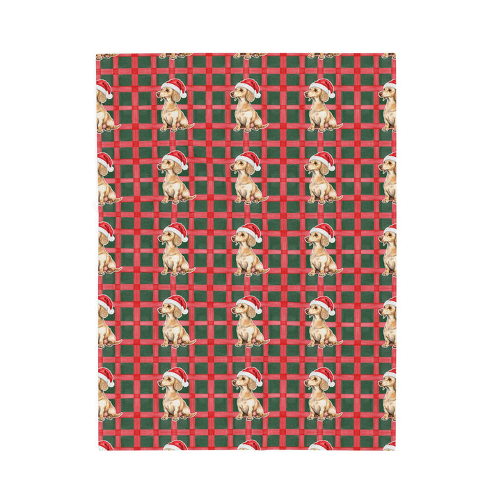 Dachshund Christmas Velveteen Plush Blanket, Red Green Plaid, Santa Dog Throw