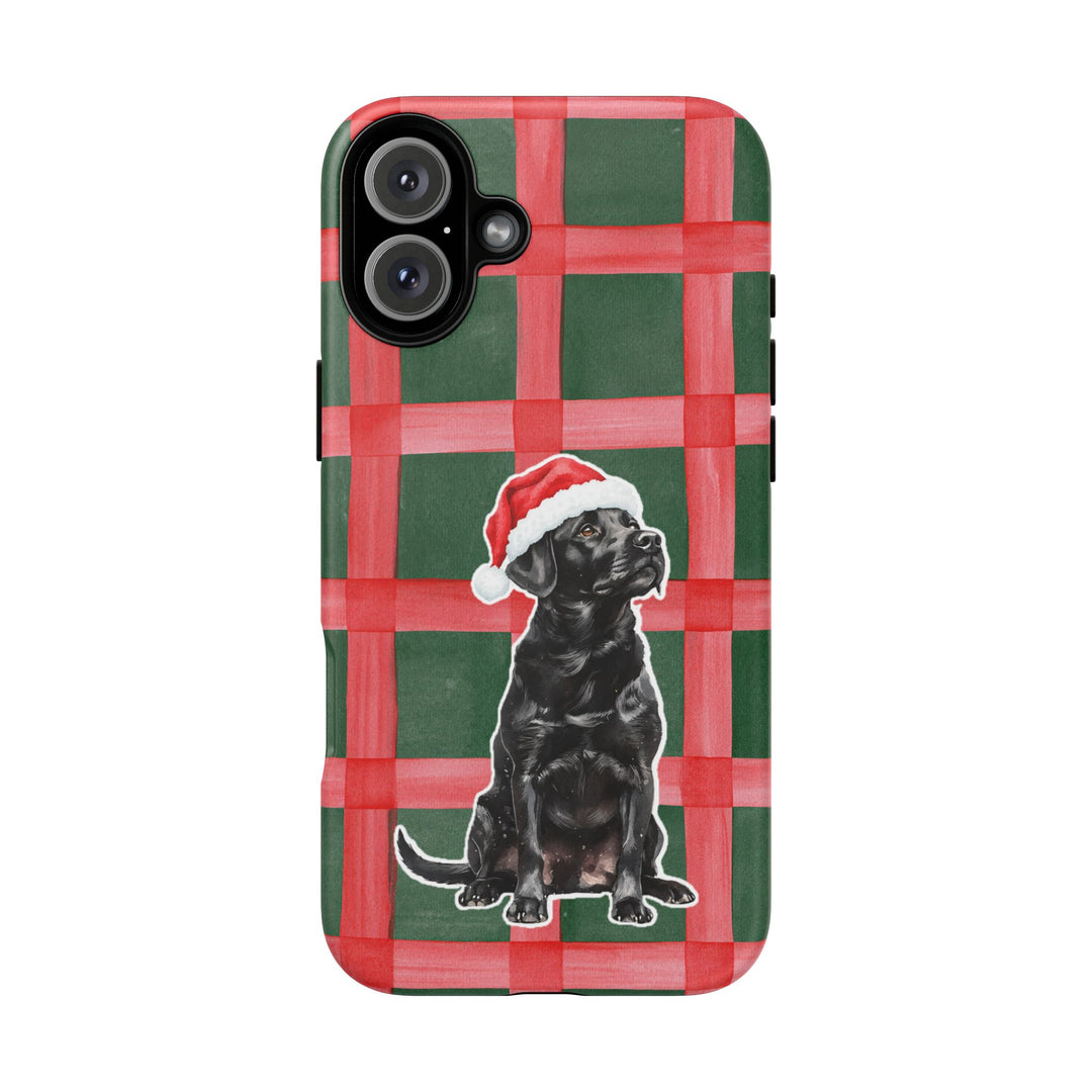 Black Labrador Christmas Tough iPhone Case, Red Green Plaid, Santa Dog Phone Cover