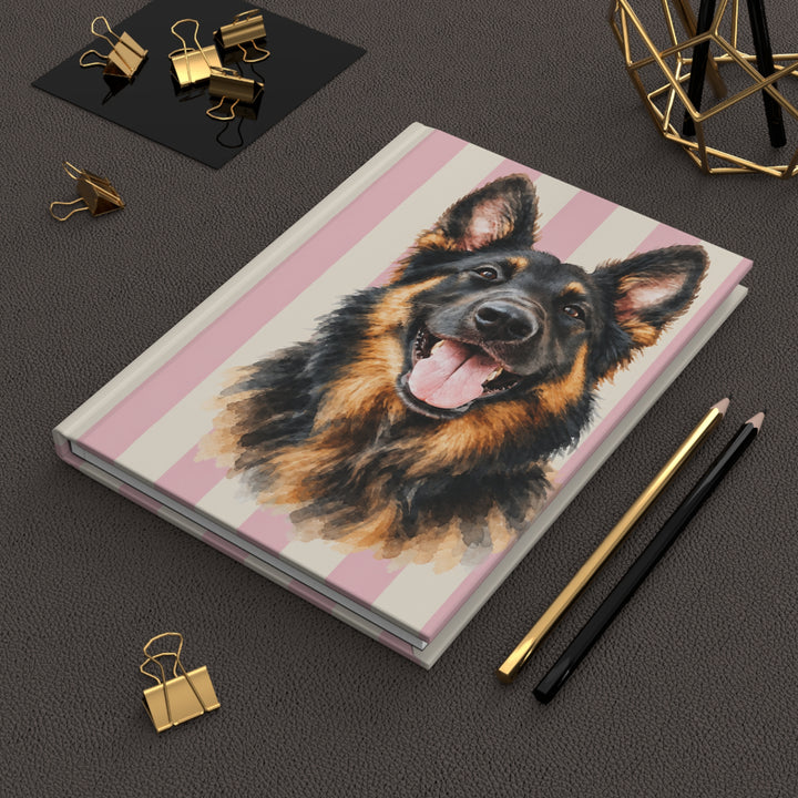Custom Watercolor Dog Hardcover Notebook, Light Pink Cream Stripes, Personalized Pet Photo Journal