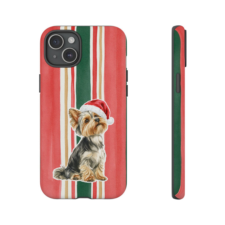 Yorkshire Terrier Christmas Tough iPhone Case, Classic Red Green Stripes, Santa Dog Phone Cover