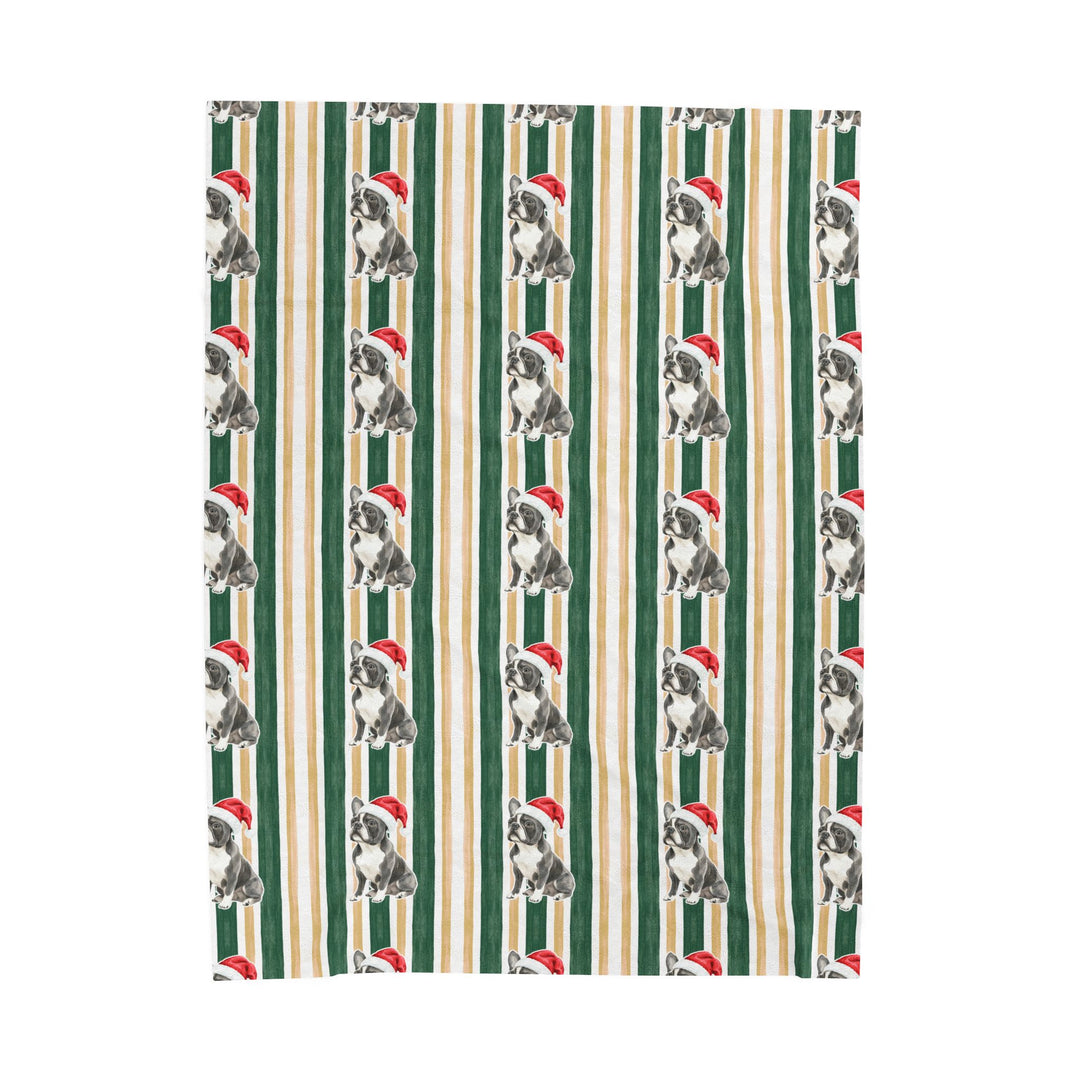 French Bulldog Christmas Velveteen Plush Blanket, Green Gold Stripes, Santa Dog Throw