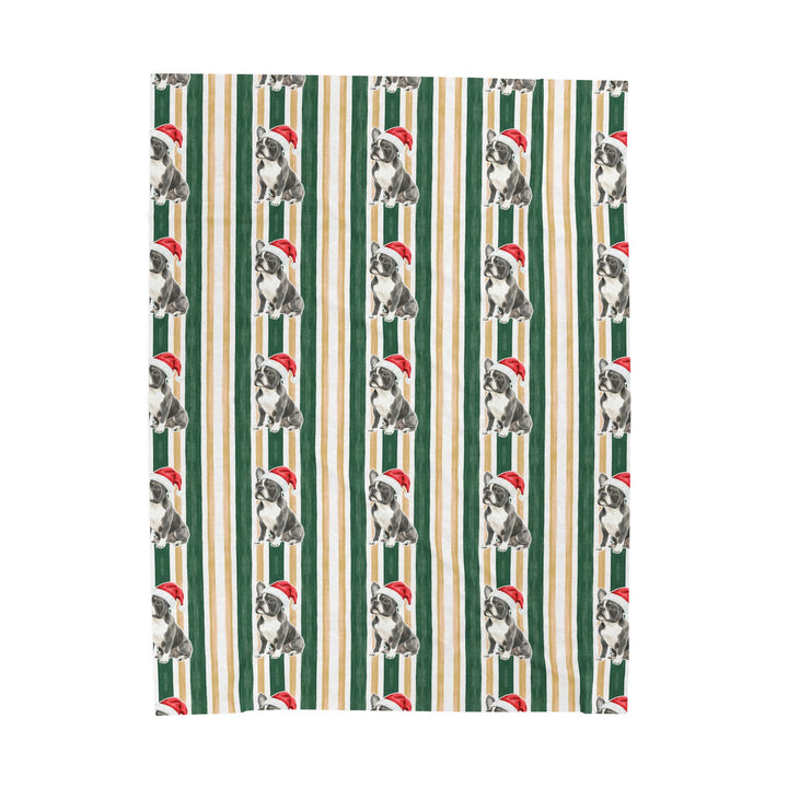 French Bulldog Christmas Velveteen Plush Blanket, Green Gold Stripes, Santa Dog Throw