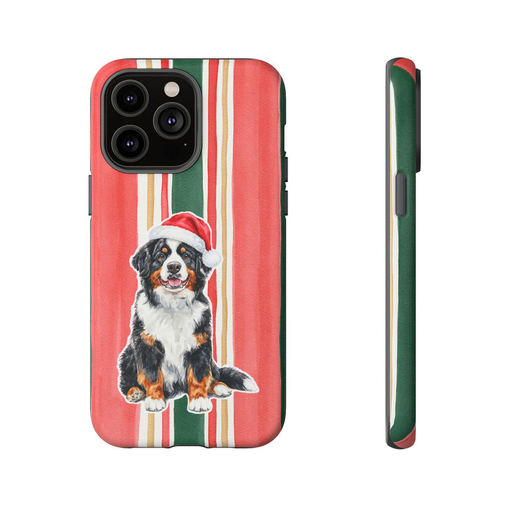 Bernese Mountain Dog Christmas Tough iPhone Case, Classic Red Green Stripes, Santa Dog Phone Cover