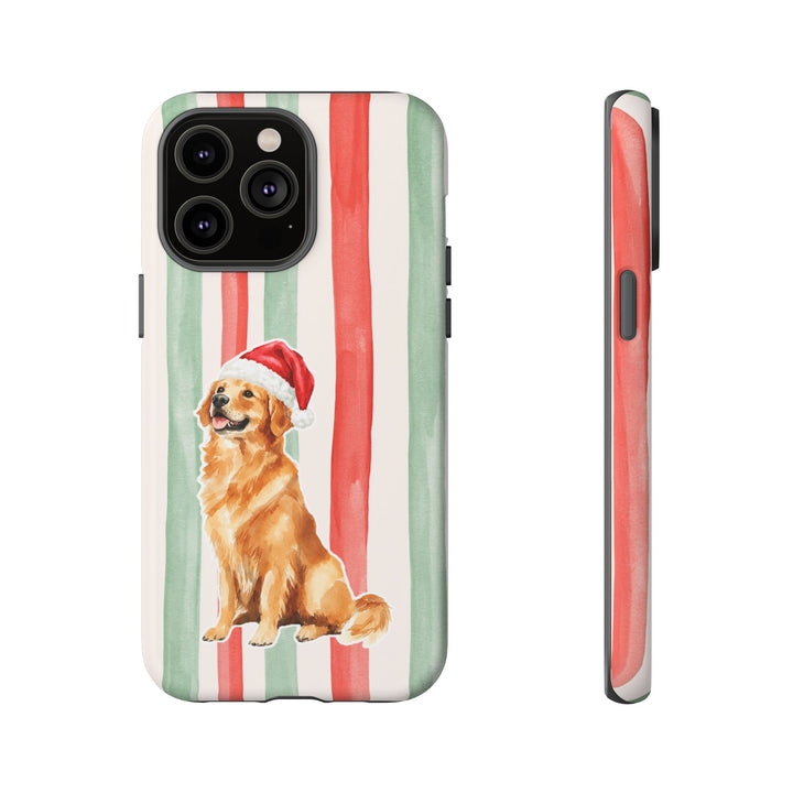 Golden Retriever Christmas Tough iPhone Case, Red Sage Stripes, Santa Dog Phone Cover