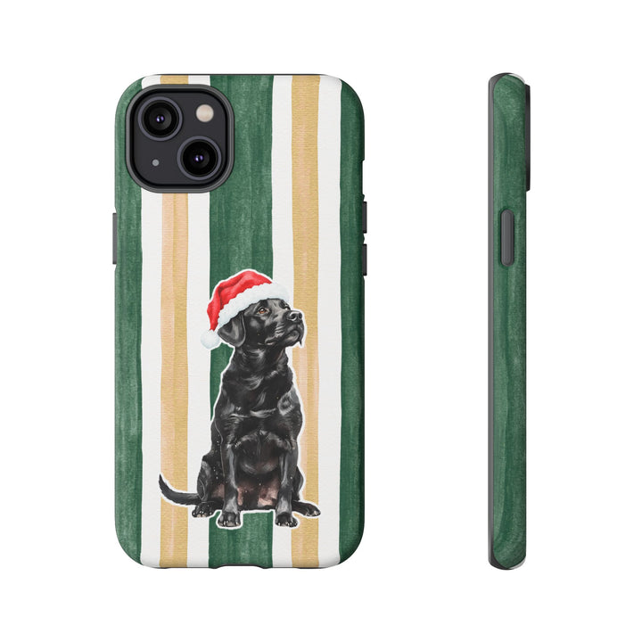 Black Labrador Christmas Tough iPhone Case, Green Gold Stripes, Santa Dog Phone Cover