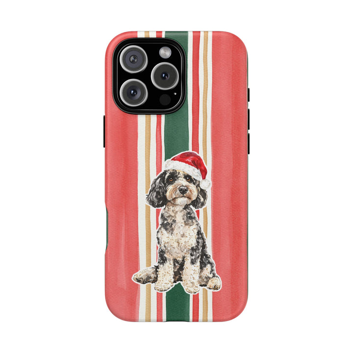 Doodle Christmas Tough iPhone Case, Classic Red Green Stripes, Santa Dog Phone Cover