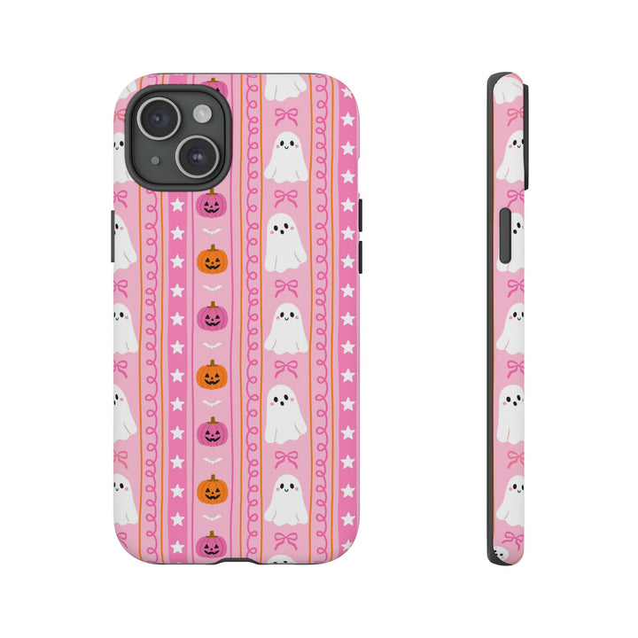 Pink Ghost Stripe Tough iPhone Case, Cute Halloween Pumpkin Bow Phone Cover, Matte or Glossy