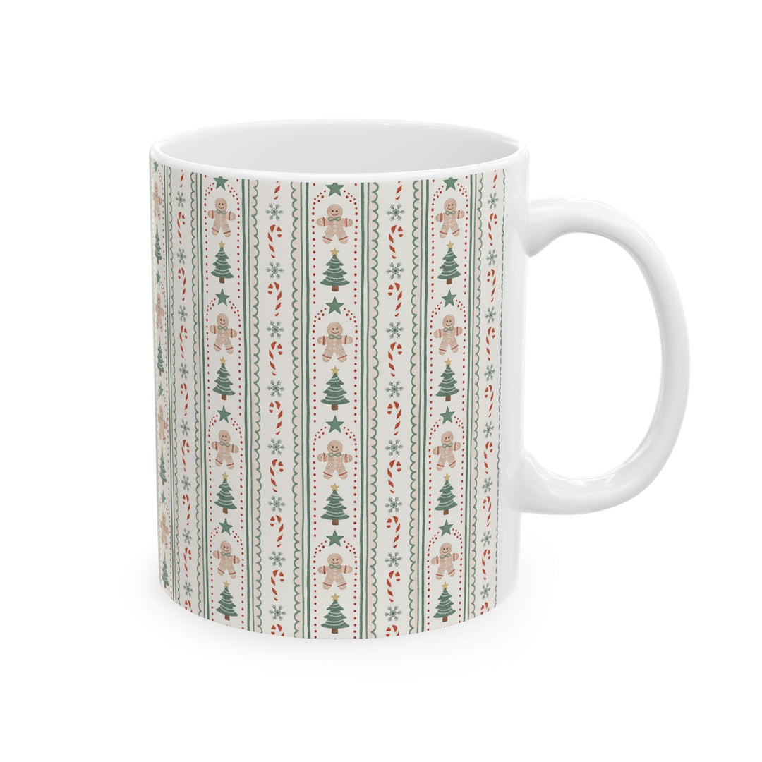Gingerbread Stripe Ceramic Mug, Sage Green Christmas Tree Coffee Cup, Vintage Holiday Gift, 11oz and 15oz