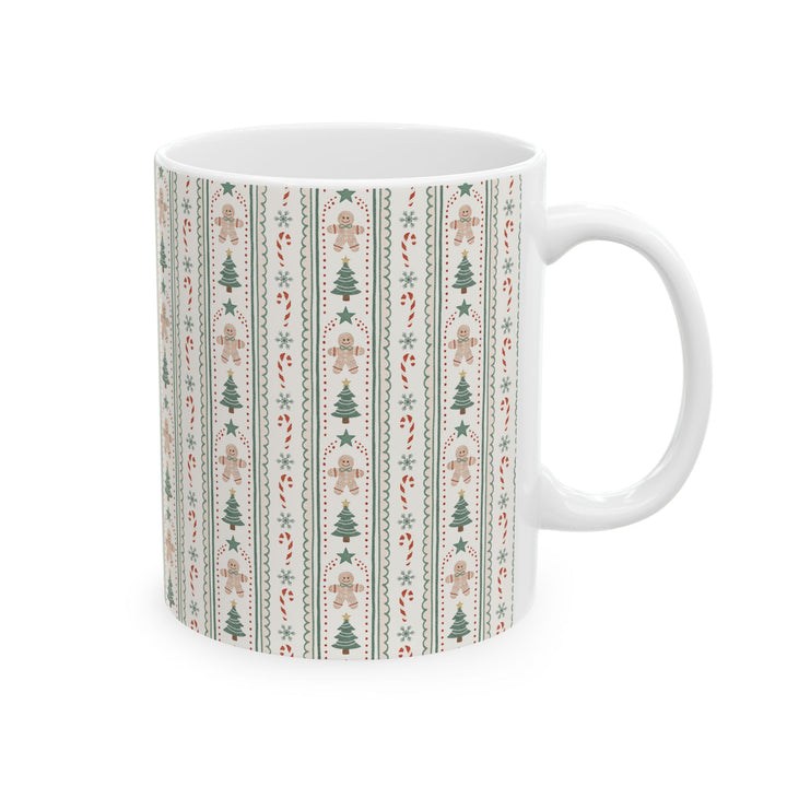 Gingerbread Stripe Ceramic Mug, Sage Green Christmas Tree Coffee Cup, Vintage Holiday Gift, 11oz and 15oz