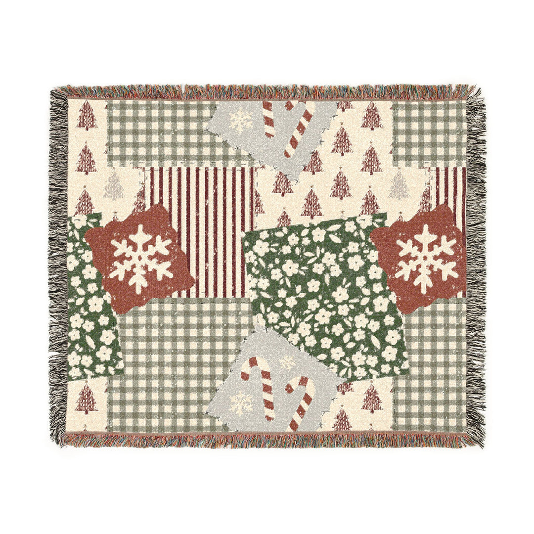Christmas Patchwork Woven Blanket, Red Sage Floral Gingham Cotton Throw, Rustic Holiday Sofa Decor