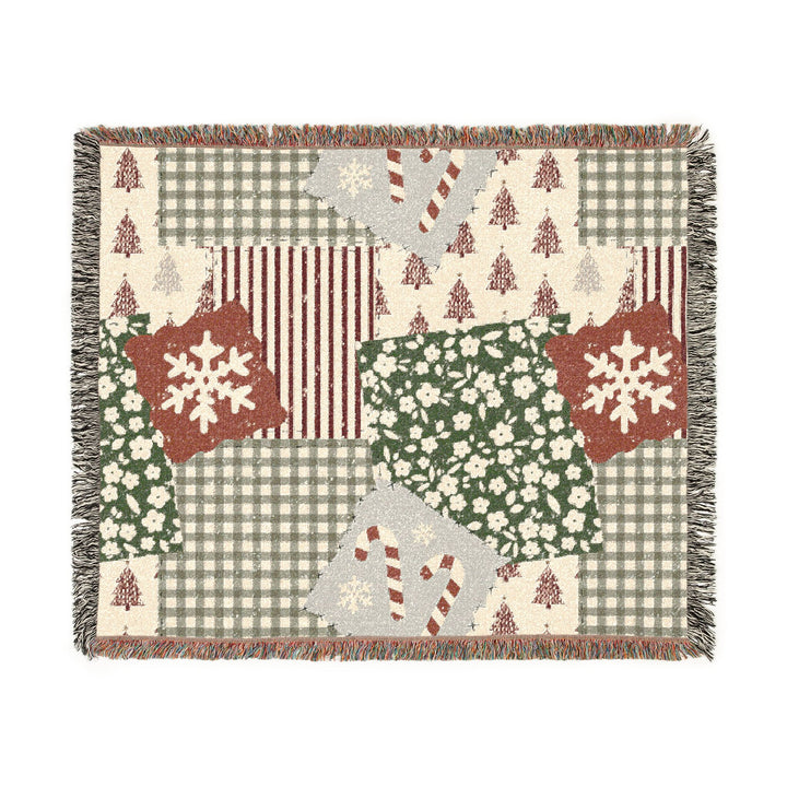 Christmas Patchwork Woven Blanket, Red Sage Floral Gingham Cotton Throw, Rustic Holiday Sofa Decor