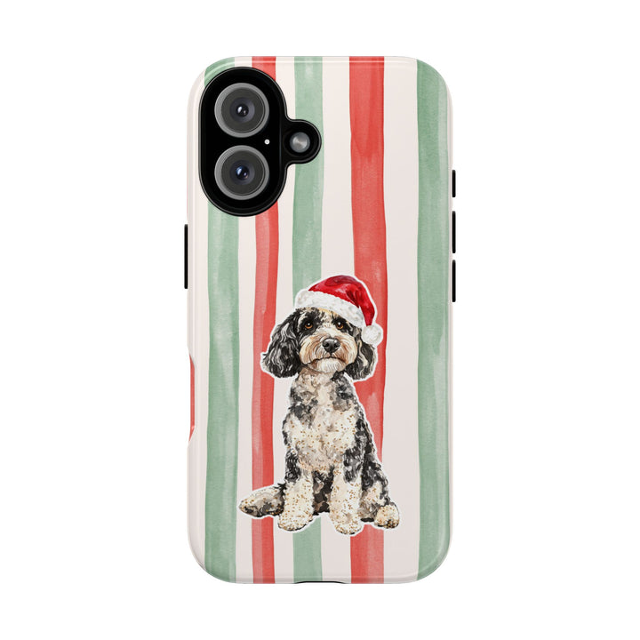 Doodle Christmas Tough iPhone Case, Red Sage Stripes, Santa Dog Phone Cover