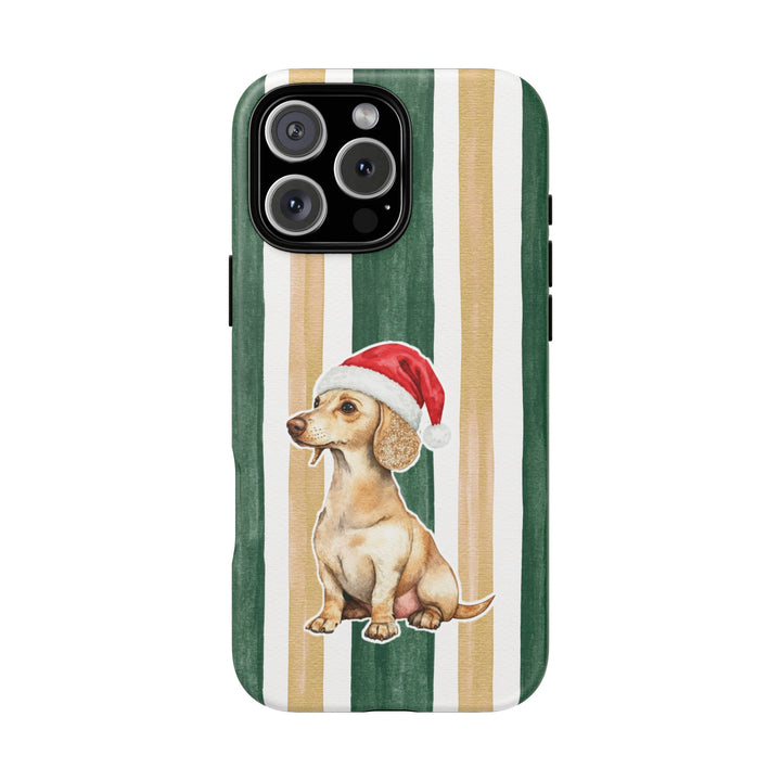 Dachshund Christmas Tough iPhone Case, Green Gold Stripes, Santa Dog Phone Cover