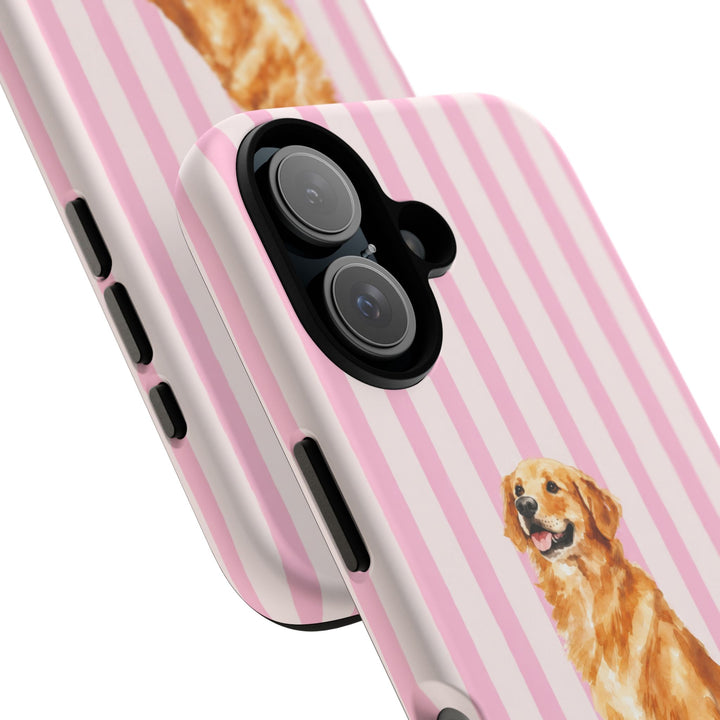 Golden Retriever iPhone Case, Pink Stripe Tough Phone Cover, Golden Retriever Mom Gift