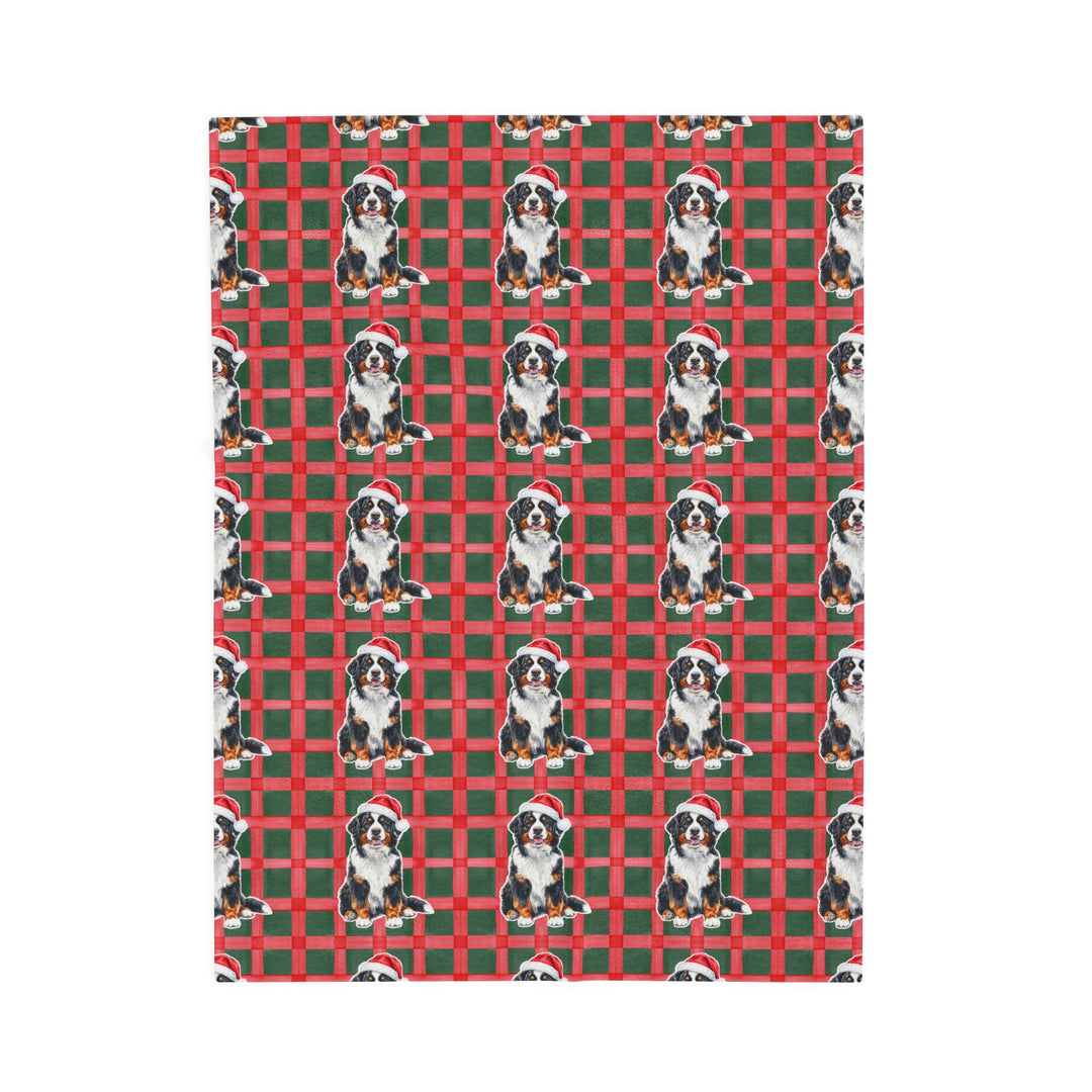 Bernese Mountain Dog Christmas Velveteen Plush Blanket, Red Green Plaid, Santa Dog Throw