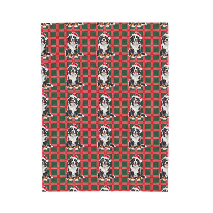 Bernese Mountain Dog Christmas Velveteen Plush Blanket, Red Green Plaid, Santa Dog Throw