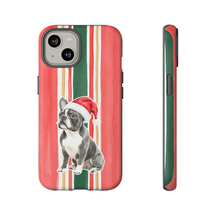 French Bulldog Christmas Tough iPhone Case, Classic Red Green Stripes, Santa Dog Phone Cover