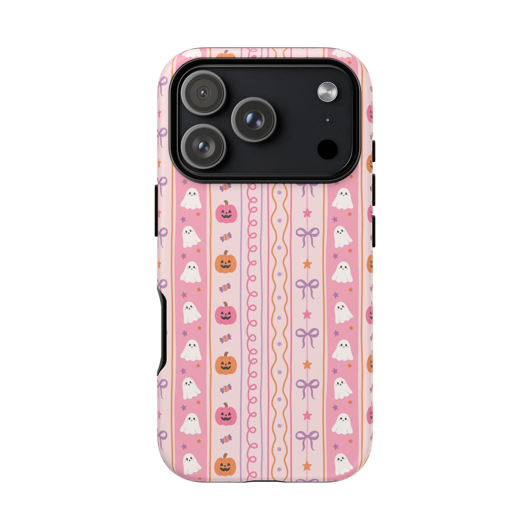 Pastel Halloween Stripe Tough iPhone Case, Pink Ghost Pumpkin Lavender Bow Phone Cover, Matte or Glossy
