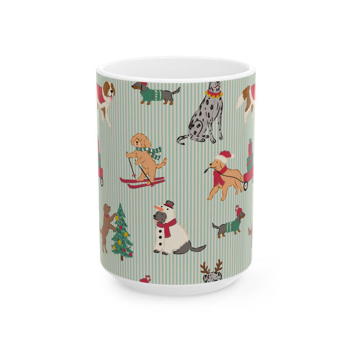 Christmas Dog Ceramic Mug, Green Stripe Holiday Coffee Cup, Festive Puppy Gift, 11oz and 15oz