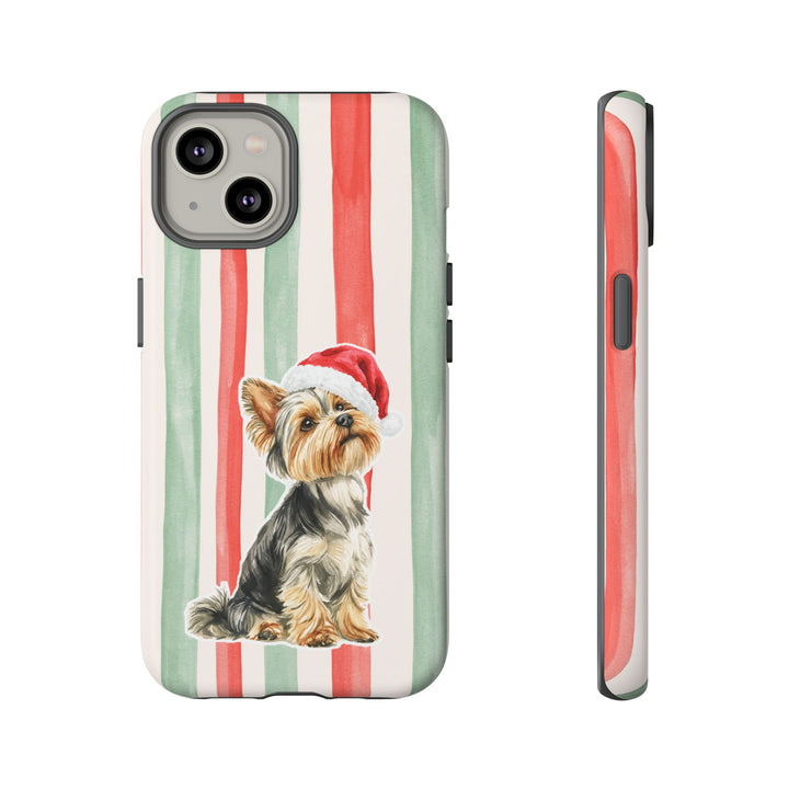 Yorkshire Terrier Christmas Tough iPhone Case, Red Sage Stripes, Santa Dog Phone Cover