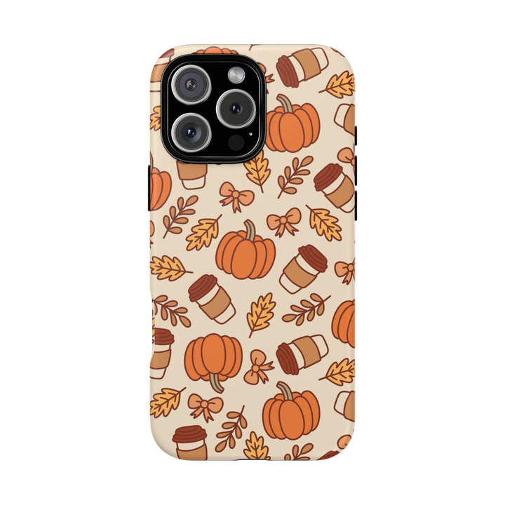 Pumpkin Coffee Tough iPhone Case, Fall Leaves and Bows Autumn Phone Cover, Matte or Glossy