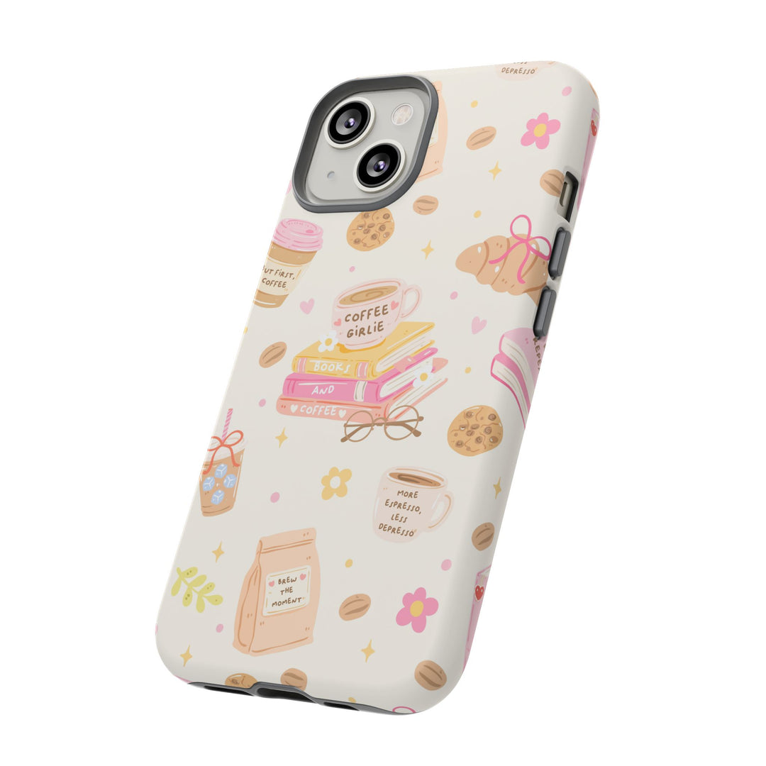 Coffee and Books Tough iPhone Case, Pastel Pink Bookish Phone Cover, Matte or Glossy