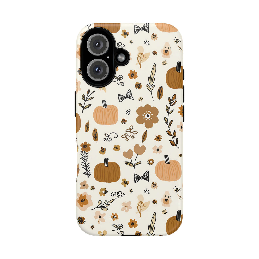 Pumpkin Floral Tough iPhone Case, Autumn Bows Phone Cover, Cream Fall Botanical Case, Matte or Glossy