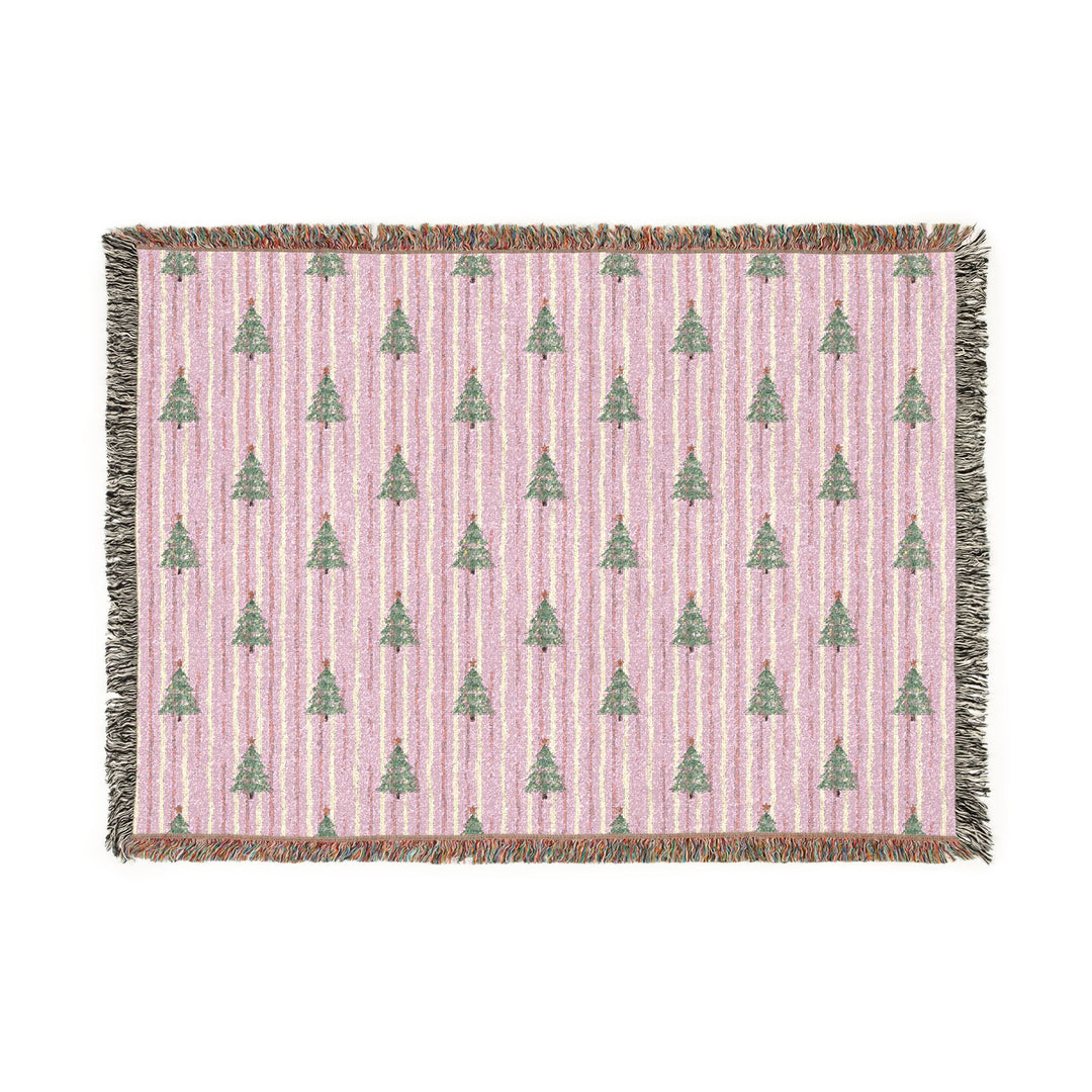 Pink Watercolor Christmas Tree Woven Blanket, Striped Cotton Throw, Pastel Holiday Sofa Decor