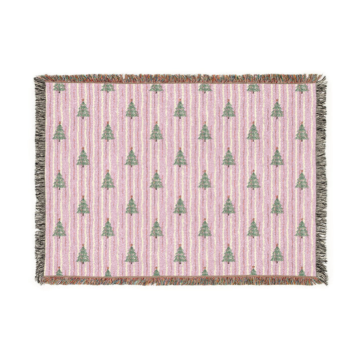 Pink Watercolor Christmas Tree Woven Blanket, Striped Cotton Throw, Pastel Holiday Sofa Decor